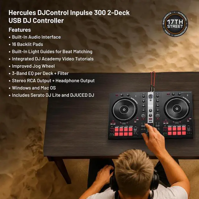 Alt view image 4 of 6 - Hercules DJControl Inpulse 300-2-Deck DJ Controller+Headphones+Laptop Stand Kit