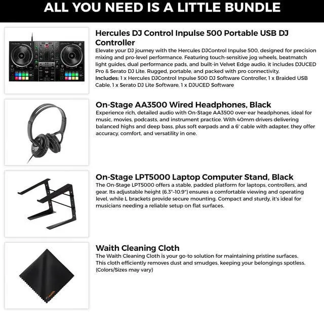 Alt view image 2 of 6 - Hercules DJ Control Inpulse 500 Portable Controller+Headphones+Laptop Stand Kit