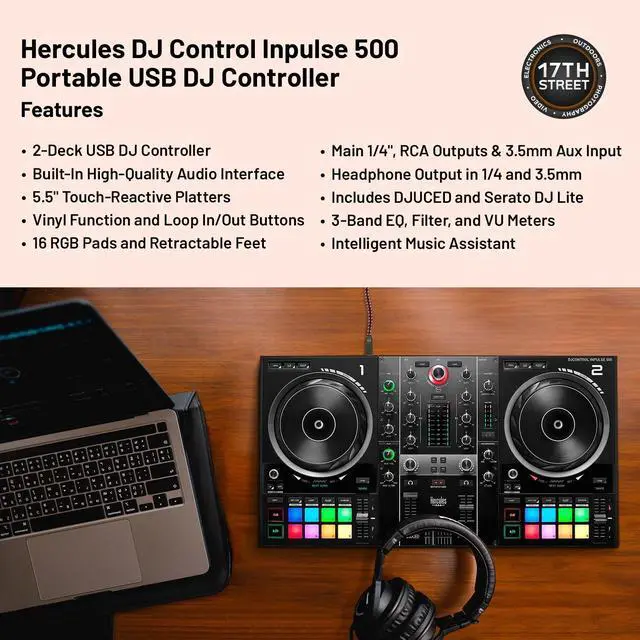 Alt view image 4 of 6 - Hercules DJ Control Inpulse 500 Portable Controller+Headphones+Laptop Stand Kit