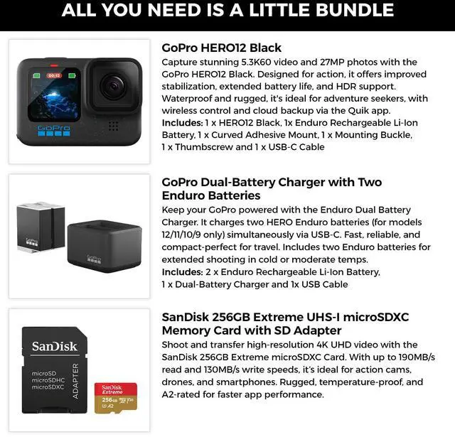 Alt view image 2 of 6 - GoPro HERO12 Black+2 1720mAh Enduro Batteries+256GB Extreme microSD Adapter Kit