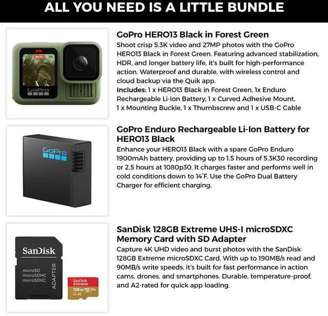 Alt view image 2 of 6 - GoPro HERO13 Black in Forest Green+Extra 1900mAh Enduro Battery+128GB Card Kit