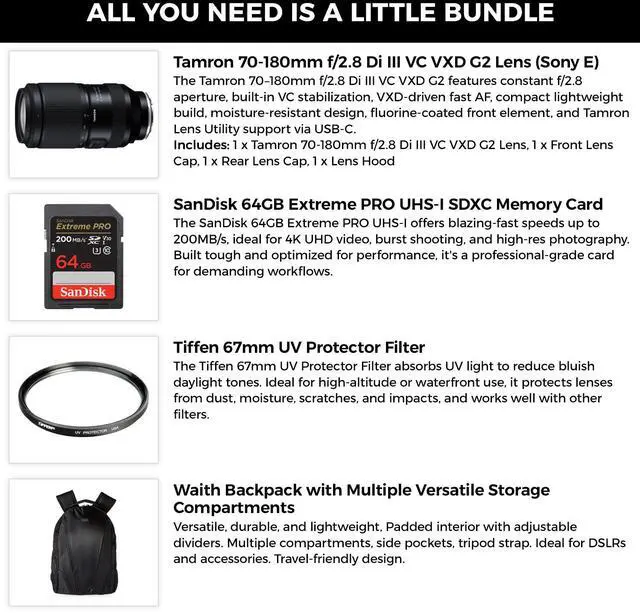 Alt view image 2 of 6 - Tamron 70-180mm f/2.8 Di III VCVXD G2 Lens-Sony E+64GB SDXC+Tiffen UV Filter Kit