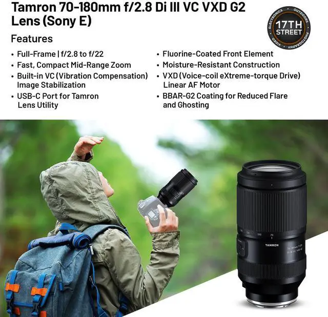 Alt view image 4 of 6 - Tamron 70-180mm f/2.8 Di III VCVXD G2 Lens-Sony E+64GB SDXC+Tiffen UV Filter Kit