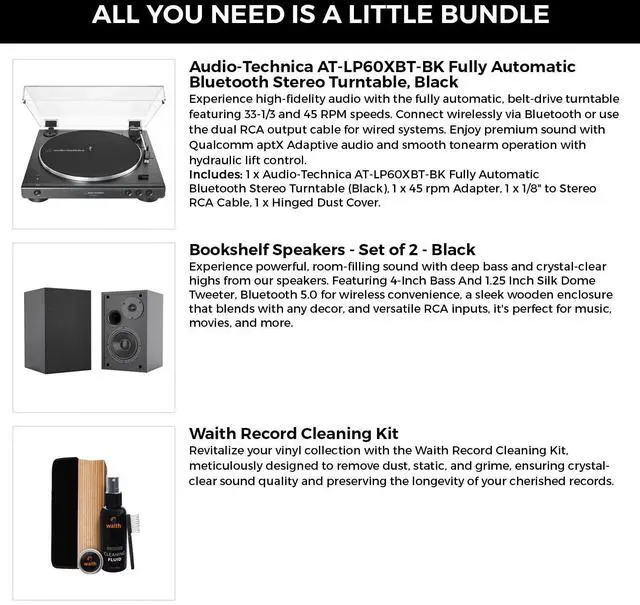 Alt view image 2 of 6 - Audio-Technica AT-LP60XBT Turntable (Black) +Bookshelf Speakers & More (Bundle)