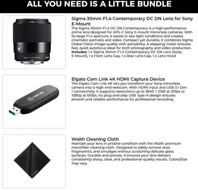 Alt view image 2 of 6 - Sigma 30mm F1.4 Contemporary Lens for Sony E-Mount+Elgato Cam Link 4K HDMI Kit