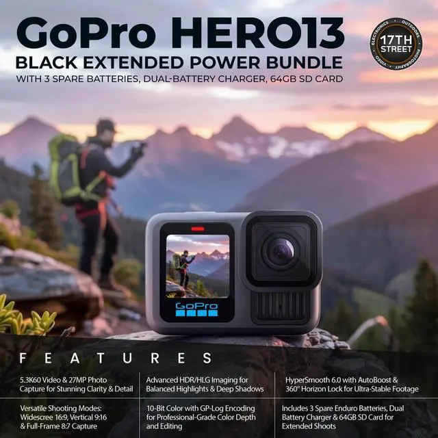 Alt view image 4 of 6 - GoPro HERO13 Camera 3 Batteries, Charger, 64GB card, Head Strap & Handgrip Kit