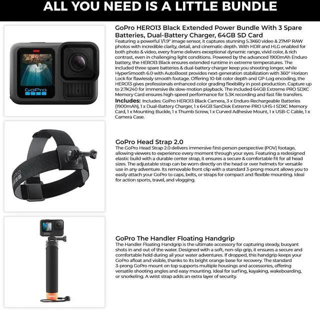 Alt view image 2 of 6 - GoPro HERO13 Camera 3 Batteries, Charger, 64GB card, Head Strap & Handgrip Kit