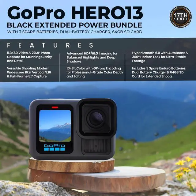 Alt view image 4 of 6 - GoPro HERO13 Camera 3 Batteries Charger 64-256GB cards Head Strap & Handgrip Kit