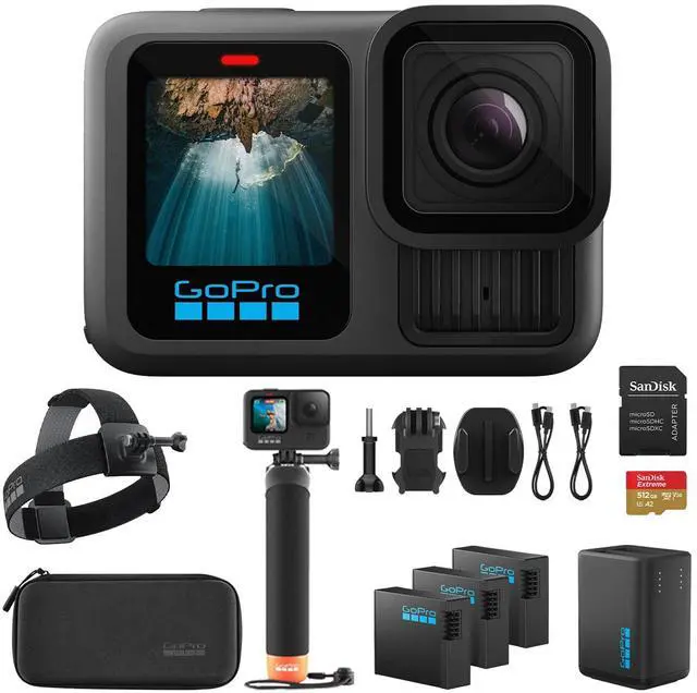 Main image of GoPro HERO13 Camera 3 Batteries Charger 64-256GB cards Head Strap & Handgrip Kit