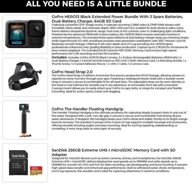 Alt view image 2 of 6 - GoPro HERO13 Camera 3 Batteries Charger 64-256GB cards Head Strap & Handgrip Kit