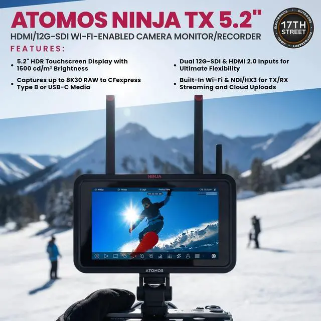 Alt view image 4 of 6 - Atomos Ninja TX 5.2" Camera-Cloud Monitor with Power Kit & Hot Shoe Mount Bundle