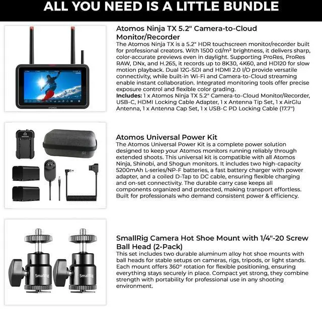 Alt view image 2 of 6 - Atomos Ninja TX 5.2" Camera-Cloud Monitor with Power Kit & Hot Shoe Mount Bundle
