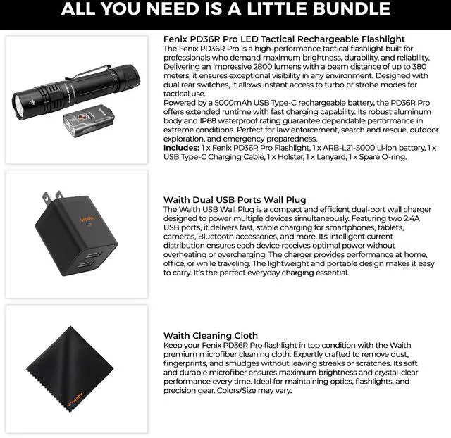 Alt view image 2 of 7 - Fenix PD36R Pro 2800 Lumens LED, USB Ports 2.4A Wall Charger, Cleaning Cloth Kit