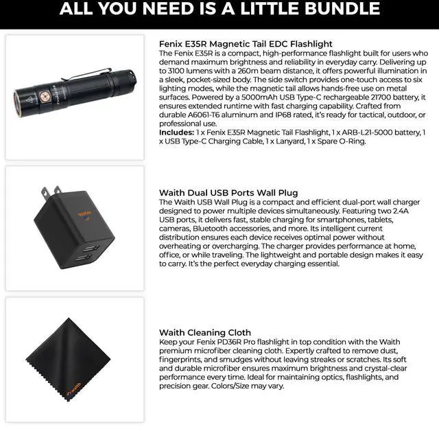 Alt view image 2 of 7 - Fenix E35R Magnetic Tail Flashlight Dual USB 2.4A Wall Plug, Cleaning Cloth Kit