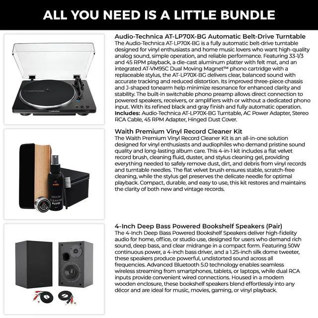 Alt view image 2 of 6 - Audio-Technica AT-LP70X-BG Automatic Turntable, 2 Bookshelf Speakers & Record Cleaner Kit - Bundle