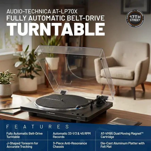 Alt view image 4 of 6 - Audio-Technica AT-LP70X-BG Automatic Turntable, 2 Bookshelf Speakers & Record Cleaner Kit - Bundle