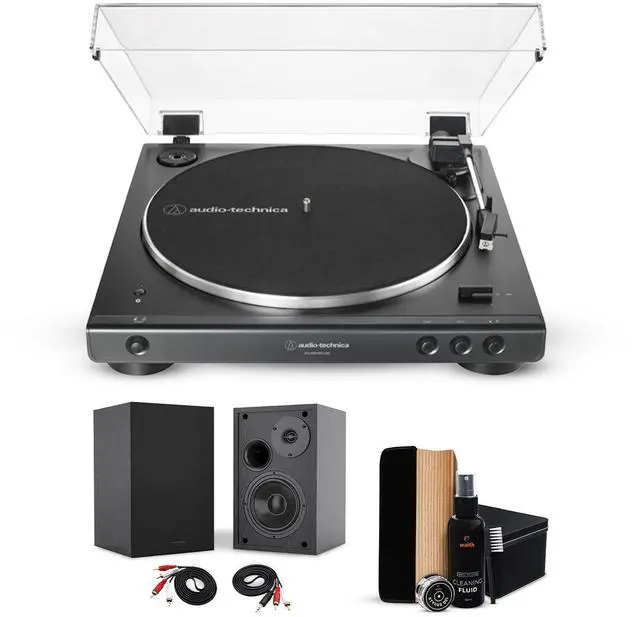 Main image of Audio Technica AT-LP60XBT-USB-BK Automatic Turntable, 2 Bookshelf Speakers & Cleaner Kit - Bundle