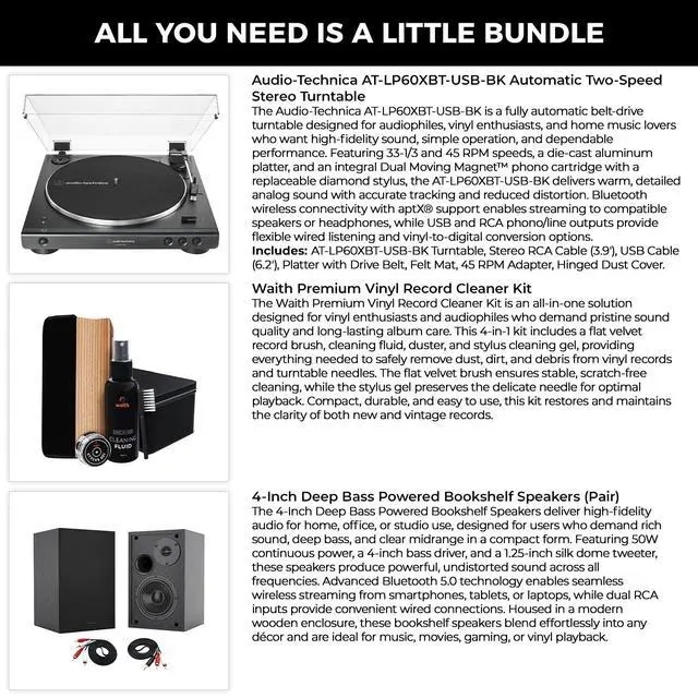Alt view image 2 of 6 - Audio Technica AT-LP60XBT-USB-BK Automatic Turntable, 2 Bookshelf Speakers & Cleaner Kit - Bundle