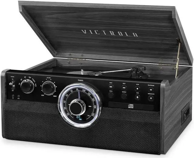 Alt view image 5 of 10 - Victrola 6-in-1 Wood Bluetooth Mid Century Record Player with 3-Speed Turntable, CD, Cassette Player and Radio