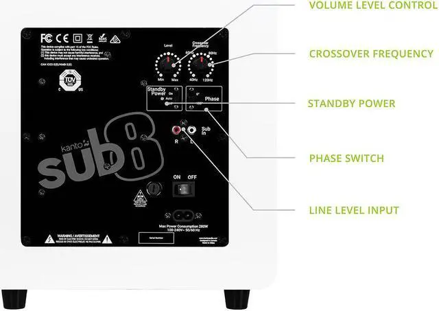 Alt view image 8 of 19 - Kanto SUB8 8-inch Sealed Powered Subwoofer, Matte Black White