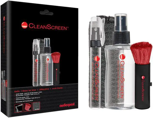Main image of AudioQuest CleanScreen Kit with Cleaning Fluid, Microfiber Cloth, and Retractable Brush