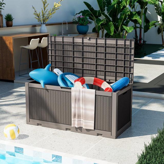 Alt view image 2 of 7 - 100 Gallons Deck Box Storage Box Waterproof Outdoor Storage Box Bench with keyhole for Garden Pool Patio Storage,Tan