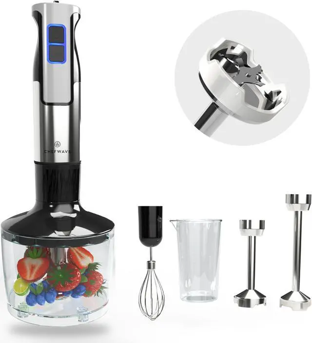 Alt view image 5 of 8 - ChefWave InterMix 500 Watt 9-Speed Immersion Multi-Purpose Hand Blender Heavy Duty w/ 6.3 in. & 8.5 in. Immersion Depth Wands, Beaker, Whisk and Chopper Attachments