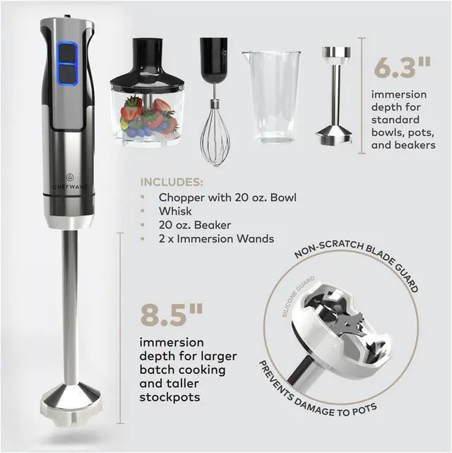Alt view image 3 of 8 - ChefWave InterMix 500 Watt 9-Speed Immersion Multi-Purpose Hand Blender Heavy Duty w/ 6.3 in. & 8.5 in. Immersion Depth Wands, Beaker, Whisk and Chopper Attachments