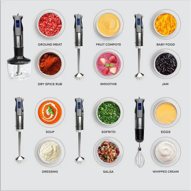 Alt view image 4 of 8 - ChefWave InterMix 500 Watt 9-Speed Immersion Multi-Purpose Hand Blender Heavy Duty w/ 6.3 in. & 8.5 in. Immersion Depth Wands, Beaker, Whisk and Chopper Attachments