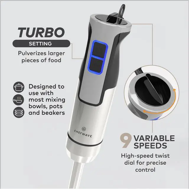 Alt view image 2 of 8 - ChefWave InterMix 500 Watt 9-Speed Immersion Multi-Purpose Hand Blender Heavy Duty w/ 6.3 in. & 8.5 in. Immersion Depth Wands, Beaker, Whisk and Chopper Attachments