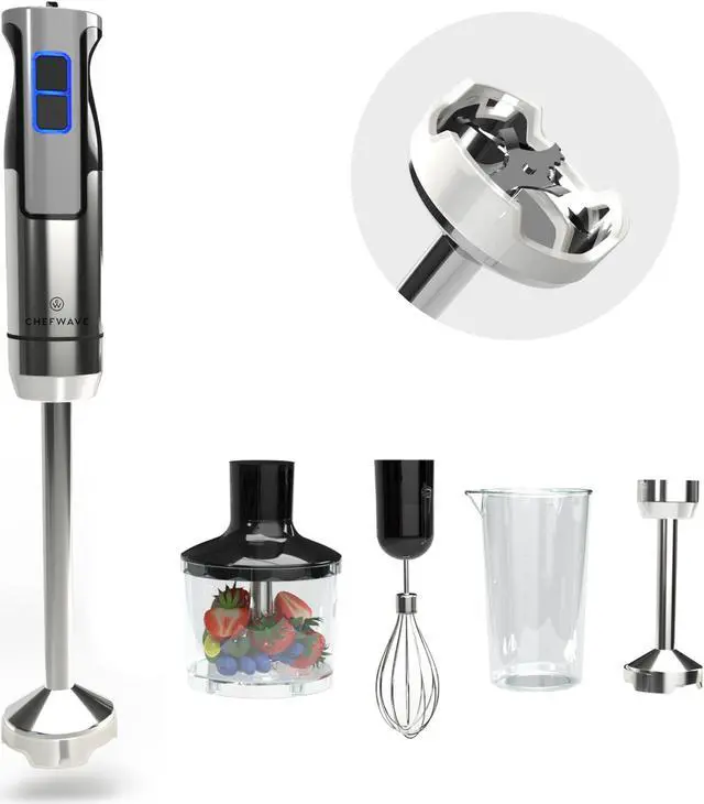 Alt view image 6 of 8 - ChefWave InterMix 500 Watt 9-Speed Immersion Multi-Purpose Hand Blender Heavy Duty w/ 6.3 in. & 8.5 in. Immersion Depth Wands, Beaker, Whisk and Chopper Attachments