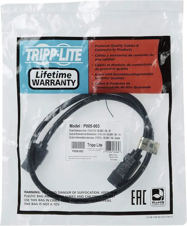 Alt view image 18 of 18 - Tripp Lite Heavy-Duty Power Extension Cord, 15A, 14AWG (IEC-320-C14 to IEC-320-C13), 3-ft