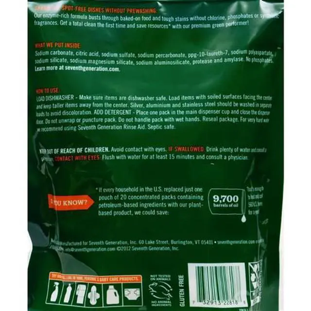 Alt view image 16 of 17 - Seventh Generation 22818PK Natural Dishwasher Detergent Concentrated Packs, Free & Clear, 20 Packets/Pack, 1 Pack