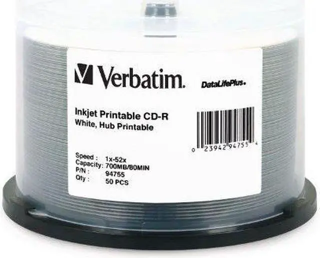 Main image of Verbatim D55969W Verbatim 700 MB 52x 80 Minute DataLifePlus White Inkjet and Hub Printable Recordable Disc CD-R, 50-Disc Spindle 94755