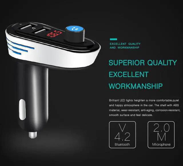 Alt view image 5 of 6 - Bluetooth Car MP3 Player Handsfree Phone FM Transmitter Cigarette Lighter Car Bluetooth LED Lights USB Speaker With Microphone (White)