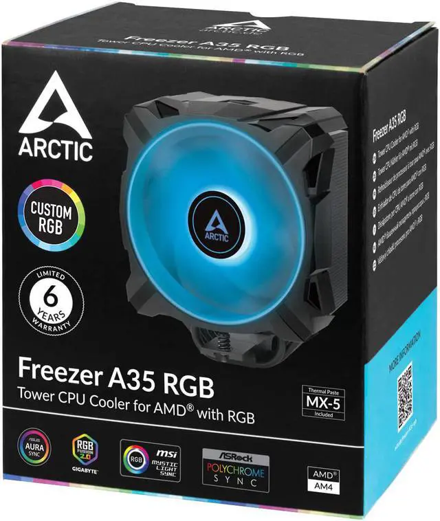 Alt view image 6 of 7 - ARCTIC Freezer A35 RGB - Single Tower CPU Cooler with RGB, AMD Specific, Pressure Optimized 120 mm P-Fan, 200-1700 RPM, 4 Heat Pipes, incl. MX-5 Thermal Paste - Black