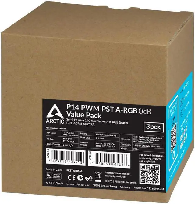 Alt view image 5 of 5 - ARCTIC P14 PWM PST A-RGB 0dB (3 Pack) - Case Fan, 140 mm PWM, Optimised for Static Pressure, Semi-Passive: 0-1900 RPM, 5V 3 Pin A-RGB LED - Black Model ACFAN00257A
