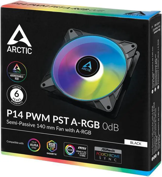 Alt view image 5 of 6 - ARCTIC P14 PWM PST A-RGB 0dB - Case Fan, 140 mm PWM, Optimised for Static Pressure, Semi-Passive: 0-1900 RPM, 5V 3 Pin A-RGB LED, Single Fan - Black Model ACFAN00239A