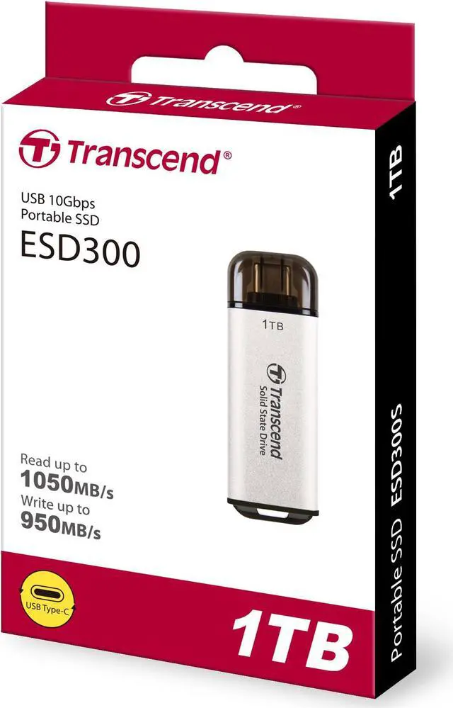 Alt view image 3 of 4 - Transcend ESD300 1TB Portable SSD USB Type-C Silver Model TS1TESD300S