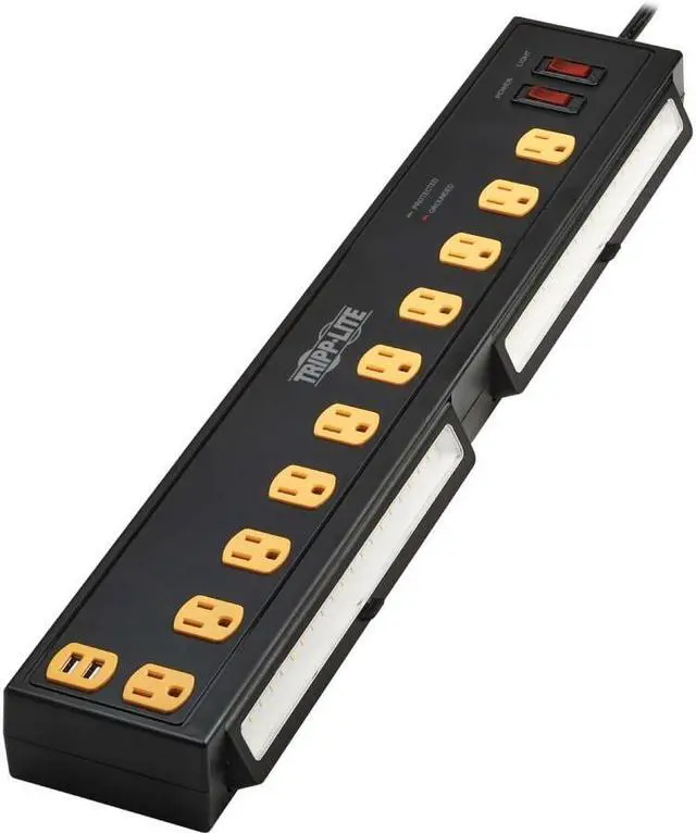 Main image of Tripp Lite Protect It! 10-Outlet Surge Protector with Swivel Light Bars - 5-15R Outlets, 2 USB Ports, 6 ft. (1.8 m) Cord, 1350 Joules, Black - TLP1006USB