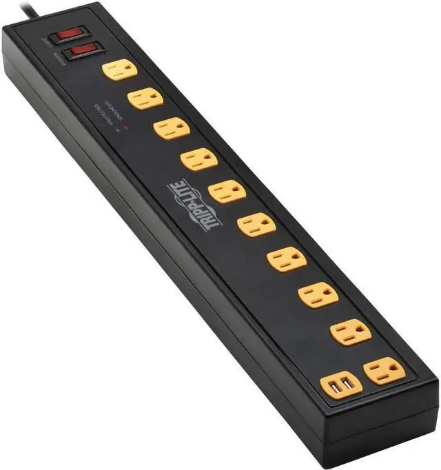 Alt view image 2 of 4 - Tripp Lite SURGE PROTECTOR 10-OUTLET 2-USB SWIVEL LIGHT BARS 10FT CORD BLACK -TLP1010USB