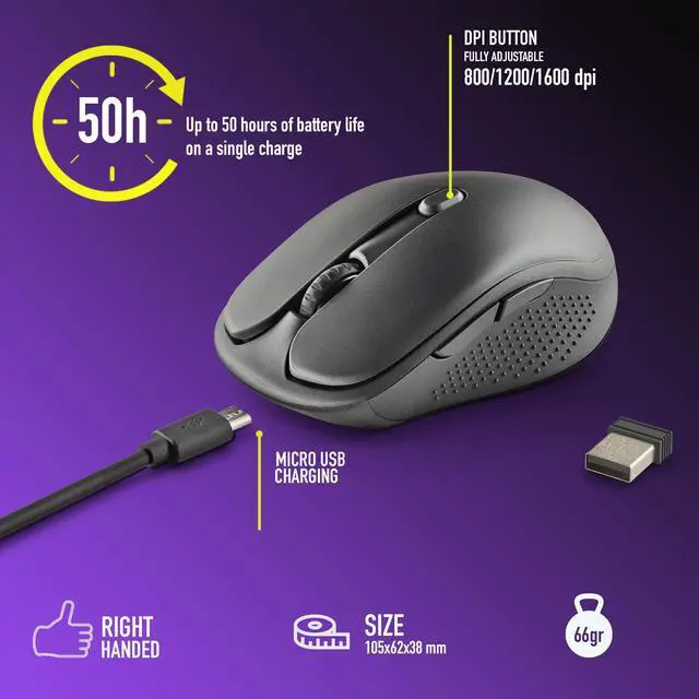 Alt view image 2 of 2 - NGS EVO Rust Black, Wireless Rechargeable Silent Mouse, Black Model EVORUSTBLACK