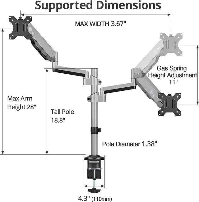 Alt view image 7 of 8 - SIIG Dual Stacked Monitor Arm Desk Mount 17" - 32" for 2 LCD displays 9kg each VESA 75/100 mm mounting kit silver Brown Box