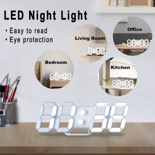 Alt view image 3 of 7 - EDUP Home 3D LED Digital Wall Clock Desk Alarm Clock with Remote Control for Kitchen Bedroom Office, Fashion 9.7" LED Night Light Decor Clock Adjust Brightness 12H/24H Time Date Temperature EH-LED1302