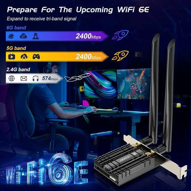 Alt view image 2 of 7 - EDUP PCIE WiFi 6E Card AX210 Bluetooth 5.2 AX5400M 802.11ax Tri-Band 6G/5.8G/2.4GHz Heat Sink 6dBi Antenna PCI-E Wireless Network Cards for Desktop PC Support Windows 11/10 64-bit - EP-9651GS