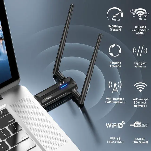 Alt view image 7 of 7 - EDUP USB 3.0 WiFi 6E AX5400M WiFi Adapter, 802.11AX, Tri-Band 6GHz/ 5GHz/ 2.4GHz, Dual 5dBi Antennas, USB WiFi Dongle Wireless Network Adapter Only Work for Windows 11/10 - EP-AX1671