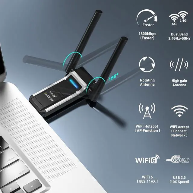 Alt view image 7 of 7 - EDUP USB WiFi 6 Adapter for PC, Wireless Network Adapter AX1800 Dual-Band 5Ghz/2.4Ghz 1800Mbps, 802.11ax/WPA3/MU-MIMO, USB 3.0 WiFi Dongle Dual Antenna Support Windows 11/10/7 -
EP-AX1697