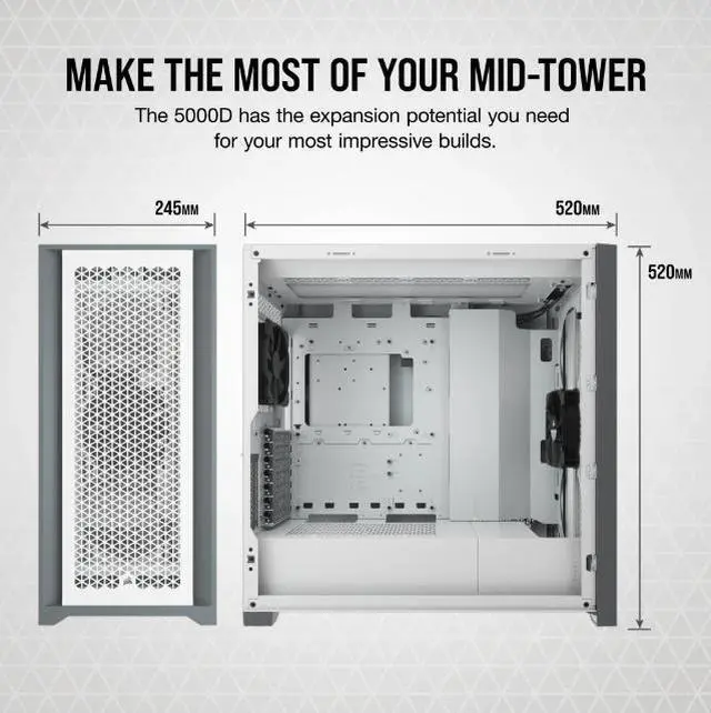 Alt view image 3 of 4 - Corsair 5000D Airflow Tempered Glass Mid-Tower ATX PC Case, White, CC-9011211-WW