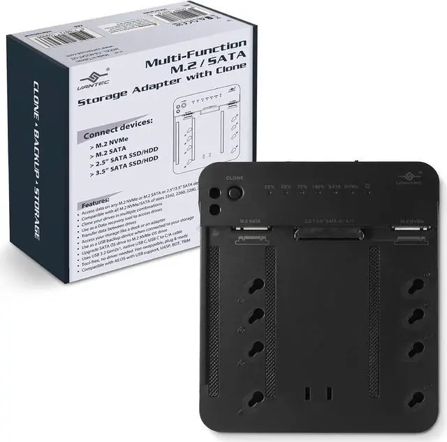 Main image of Vantec Multi-Function M.2/SATA Storage Adapter with Clone for M.2 NVMe M.2 SATA SSD HDD 2.5" 3.5" SATA