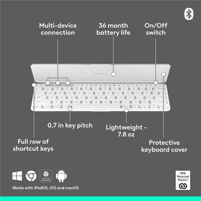 Alt view image 3 of 17 - Logitech KEYS-to-GO 2 Portable Bluetooth Tablet Keyboard, Built-in Cover, - PALE GREY - APPLE